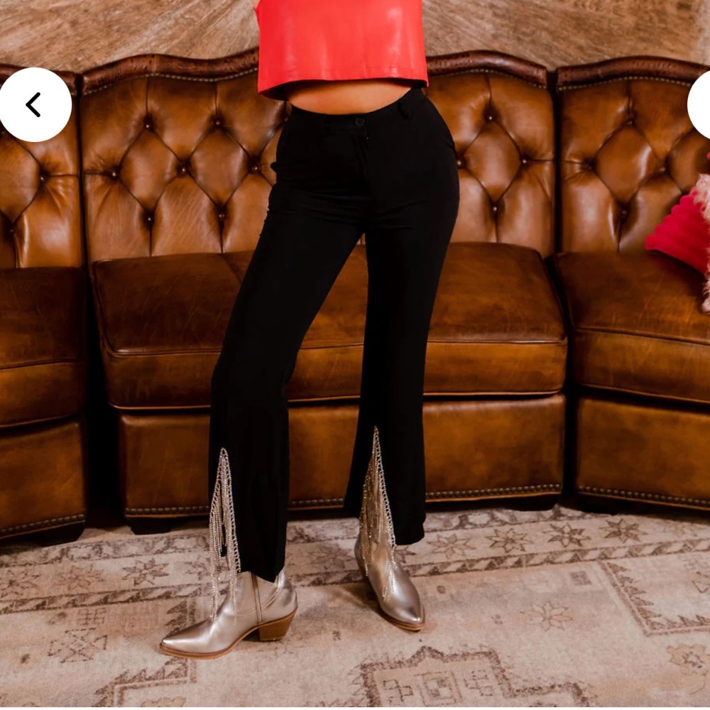 Black Rhinestone Fringe Slit Flare Pants